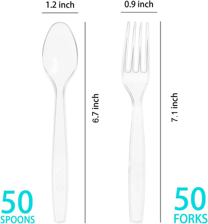 MOACOCK Heavyweight Plastic Silverware Set - 100 Count Disposable Forks & Spoons for Weddings & Parties