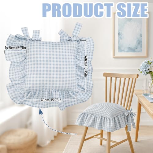 Farmhouse Blue Gingham Ruffle Chair Cushion Covers Set - 4 Pieces