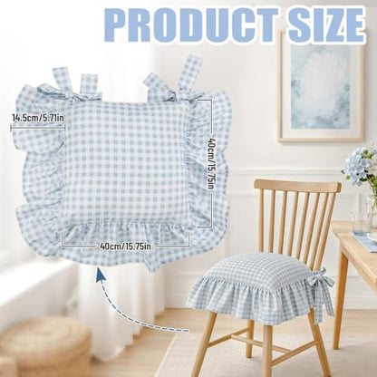 Farmhouse Blue Gingham Ruffle Chair Cushion Covers Set - 4 Pieces