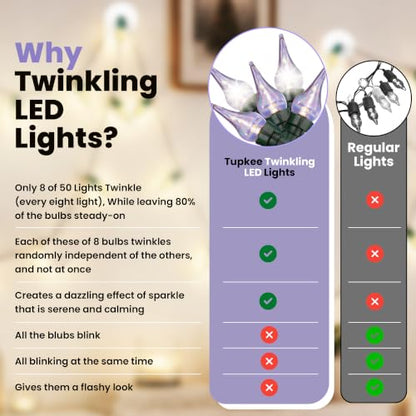 LED Twinkle Flame Tip Christmas Lights - Warm White, 50 Bulbs