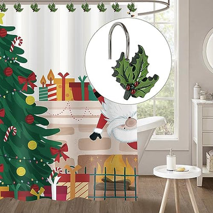 Sunlit Christmas Shower Curtain Hooks - Green Leaf Holiday Shower Rings Set of 12