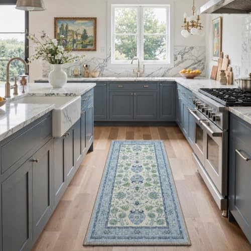Blue Green Washable Runner Rug 2x5 Non Slip Hallway Bathroom Kitchen