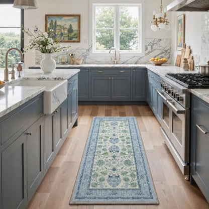 Blue Green Washable Runner Rug 2x5 Non Slip Hallway Bathroom Kitchen