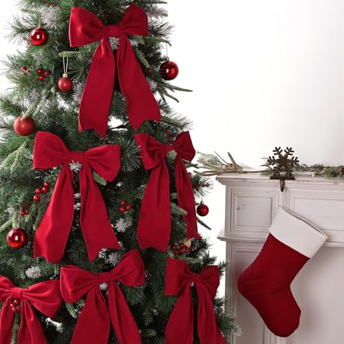 6 Pack Extra Large Red Velvet Bowknot Christmas Tree Ornaments - Indoor Holiday Decor