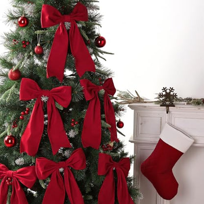 6 Pack Extra Large Red Velvet Bowknot Christmas Tree Ornaments - Indoor Holiday Decor