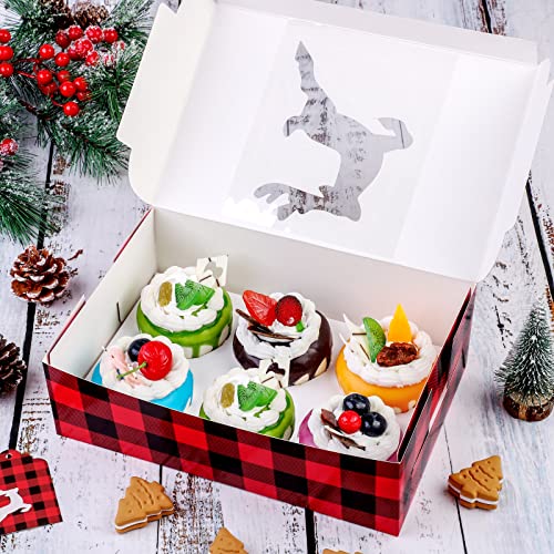 Christmas Cupcake Boxes with Windows - Red and Black Plaid, 10x6.3x3 Inches, Pack of 30