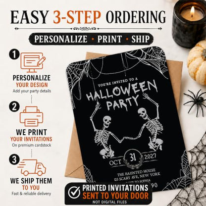 Personalized Halloween Party Invitations with Envelopes, 24 Pack - Thick 5x7 Spooky Skeletons & Cobweb Design