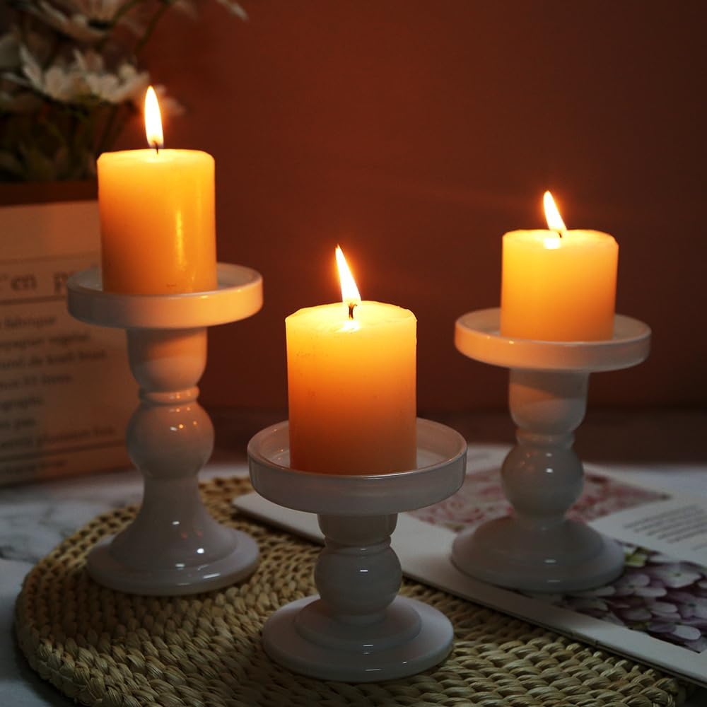 Skiennix 3-Piece White Glass Candlestick Set - Elegant Crystal Holders for Weddings & Home Decor