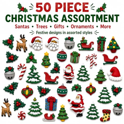 Christmas Buttons Set - 50 Assorted Holiday Crafting Buttons for Sewing & Scrapbooking