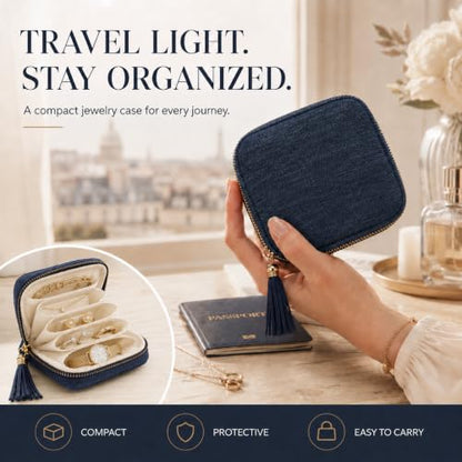 Small Travel Jewelry Organizer Case with Blue Velvet Interior - Compact & Portable