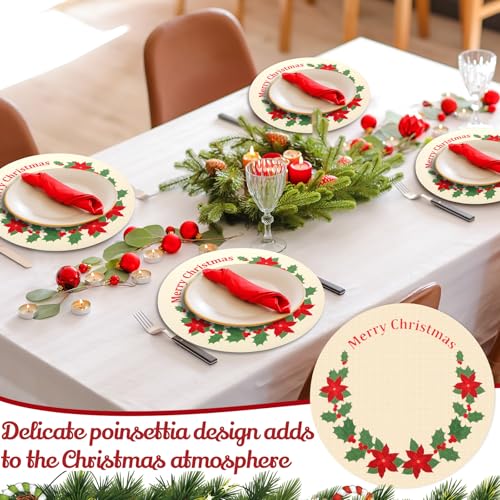 Set of 8 Christmas Poinsettia Round Placemat Protectors - Red & Green Embroidered Table Mats