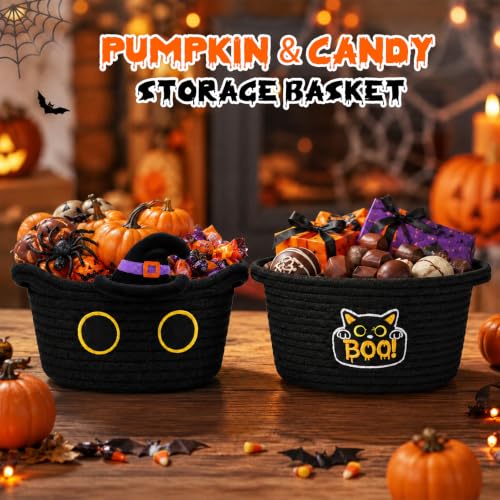Halloween Black Cat Basket with Witch Hat - Cute Woven Storage Bin - Variation: BlackHat