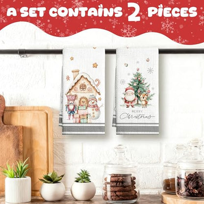 Christmas Kitchen Towels Set of 2 - Santa Reindeer Snowman Holiday Dish Towels - White04