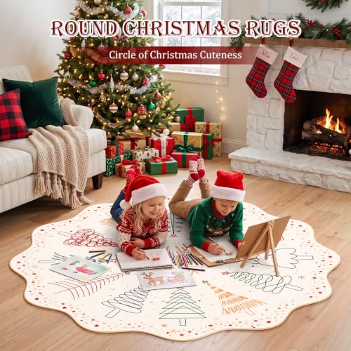 Colorful Christmas Tree Washable Round Rug 5ft for Living Room Beige