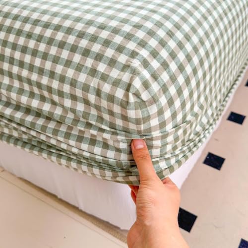 Green Gingham King Fitted Sheet Deep Pocket 16 Inch Washed Cotton Bedding