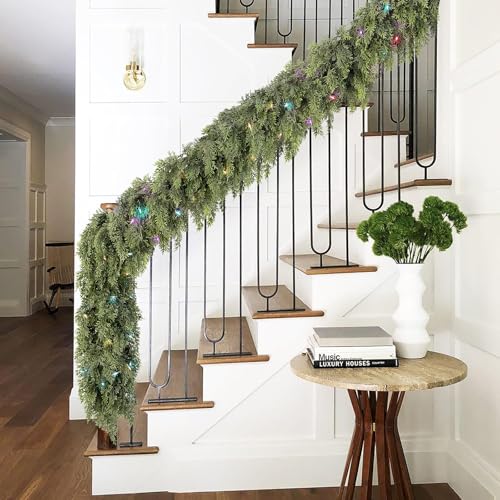12FT Cedar Christmas Garland with Lights - Faux Pine Holiday Decor for Mantle & Outdoors
