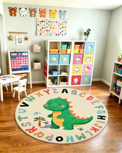 Kids Animal Print Round Play Rug with Dinosaur & ABC Letters - Multi Color, 4ft