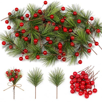 Holly Berry Stems - 96 Artificial Christmas Greenery Picks for Crafts