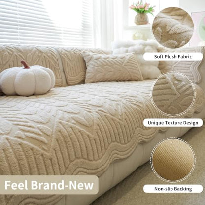 Khaki Plush Washable Couch Cover for Sofa 36x83 Inches, Geometric Jacquard Slipcover, Non-Slip Furniture Protector for Kids & Pets - 1PC