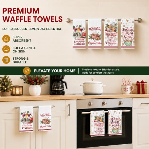 Christmas Kitchen Towels 4 Pack - Multi 1664 Waffle Microfiber Hand Towels