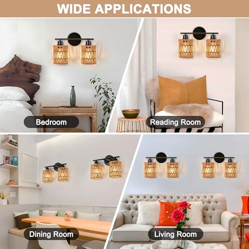 Merbotin 2 Light Rattan Vanity Light Boho Vanity Lighting Fixture Woven Bathroom Vanity Wall Light Coastal Tropical Bathroom Light, Rustic Natural Style Wall Mount Light for Bedroom Kitchen