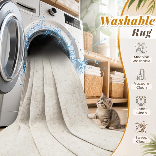 Beige 5' x 7' Washable Rug - Boho Vintage Non-Slip Indoor Carpet for Living Room