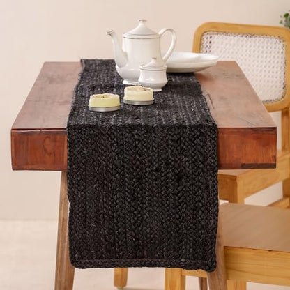Handwoven Braided Jute Table Runner Reversible - Black 13x108 Inches