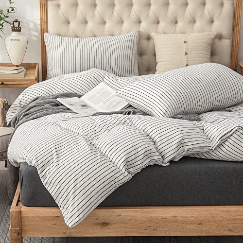 PURE ERA Jersey Knit Duvet Cover Set 100% T-Shirt Heather Cotton Super Soft Comfy Classic Striped Design, with Zipper Closure, Heather Black & White Pinstripe, Queen