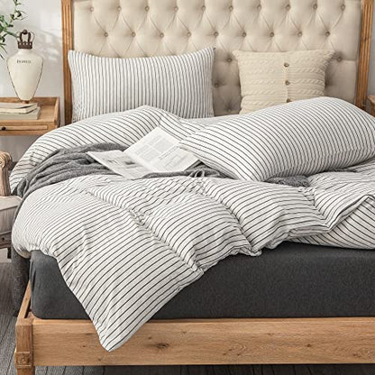PURE ERA Jersey Knit Duvet Cover Set 100% T-Shirt Heather Cotton Super Soft Comfy Classic Striped Design, with Zipper Closure, Heather Black & White Pinstripe, Queen