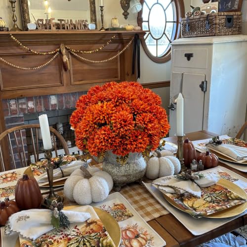 Artificial Fall Mums Flowers Bundle - Burnt Orange Autumn Floral Arrangements for Home & Garden