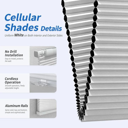 No Drill Cellular Blackout Shades 27 x 48 Inches - White, Cordless, Insulated