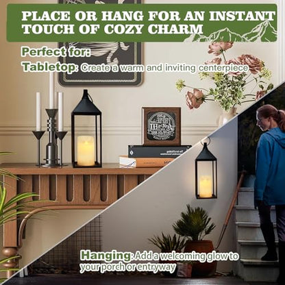17" & 13" Modern Farmhouse Candle Lantern Decor Set - Black Metal Flameless Indoor & Outdoor Lanterns