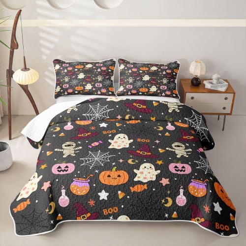 Ghost Boo Queen Size Halloween Quilt Set - Pumpkin Lantern & Skeleton Bedding