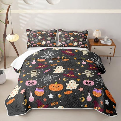 Ghost Boo Queen Size Halloween Quilt Set - Pumpkin Lantern & Skeleton Bedding