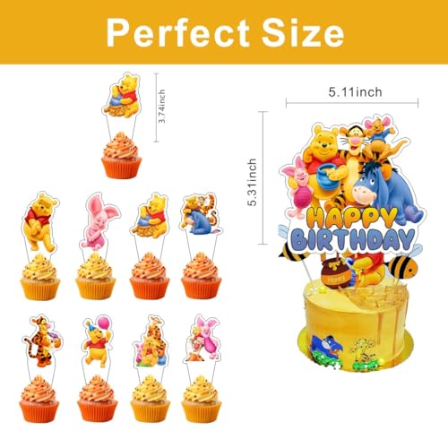 Winnie Cake Decorations Set with Topper and Cupcake Toppers for Birthday Party