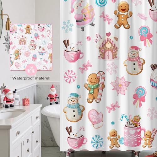 Christmas Shower Curtain 72x72 Inches Snowman Gingerbread Kids Waterproof Fabric Holiday Decor