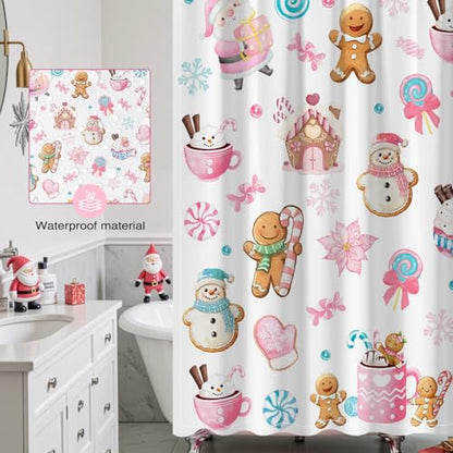 Christmas Shower Curtain 72x72 Inches Snowman Gingerbread Kids Waterproof Fabric Holiday Decor