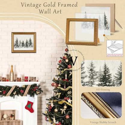 Christmas Tree Wall Art Canvas Print with Gold Frame - Rustic Winter Pine Forest, 8x10 Inch, Variation: Christmas Trees 17/10"L x 8"W