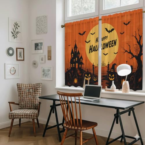 Orange Halloween Tier Curtains Set - Black Pumpkins & Moon Design, 27.5W x 45L, Pack of 2