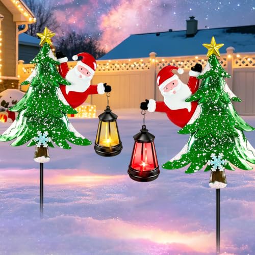 Solar Christmas Tree Stakes with Lantern - Santa & Tree Outdoor Yard Decor (2 Pack)