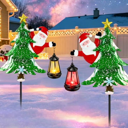 Solar Christmas Tree Stakes with Lantern - Santa & Tree Outdoor Yard Decor (2 Pack)