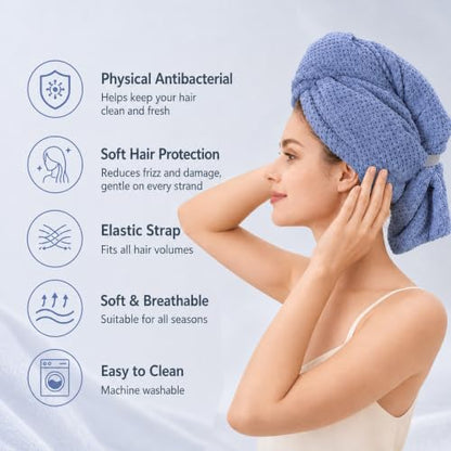 Blue Microfiber Hair Towel Wrap 29.5x11 Inches - Large Quick-Dry Hair Wrap