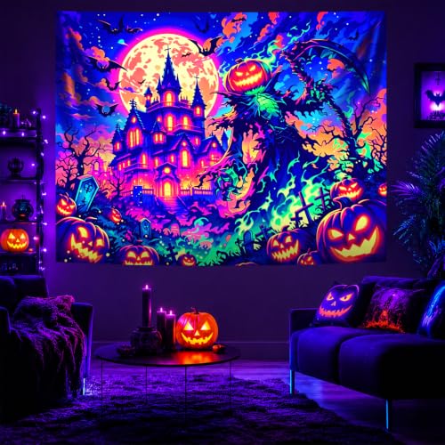Halloween Blacklight Tapestry Glow-in-The-Dark Wall Hanging Decor - Spooky Pumpkin Scarecrow 90"x70"