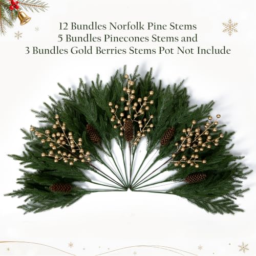 Fake Xmas Norfolk Pine Stems with Pinecones & Gold Berries - 12PCS