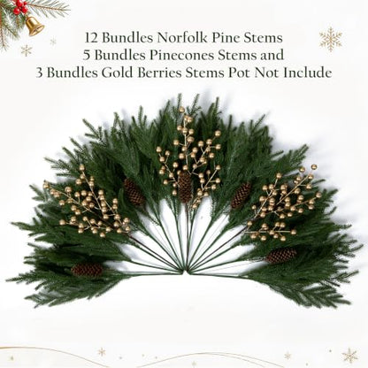 Fake Xmas Norfolk Pine Stems with Pinecones & Gold Berries - 12PCS