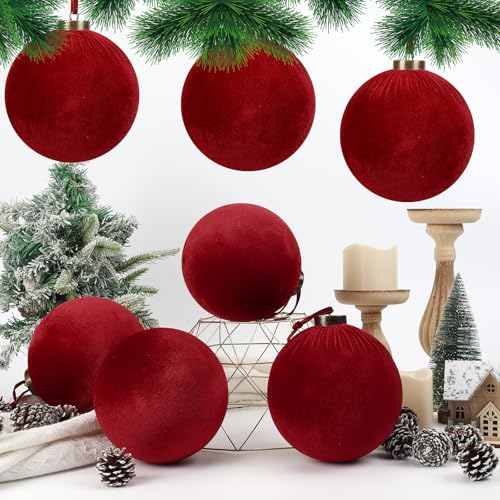 Velvet Christmas Balls Ornaments - Dark Red, 6 Inches, 9 Pack - Holiday Decor