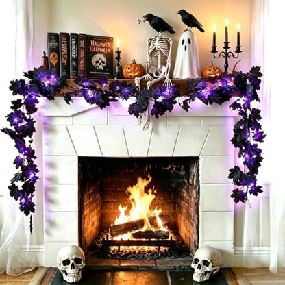 Black Maple Leaf Garland with Purple LED String Lights - Halloween Decor