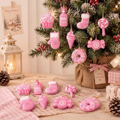 Pink Christmas Candy Ornaments Set - 48 Cute Holiday Decor, Hanging
