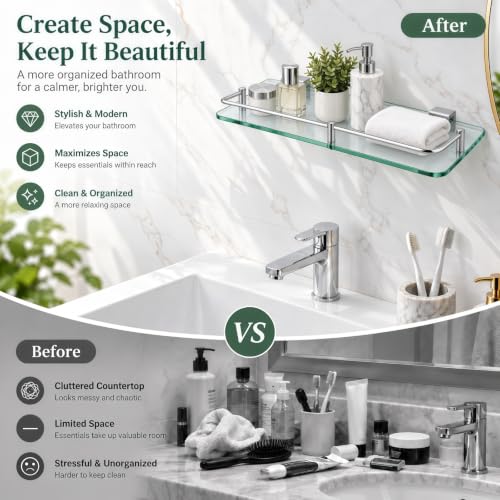 Bathroom Glass Shelf 15.7in Wall Mount Floating Shelves - Modern Tempered Glass