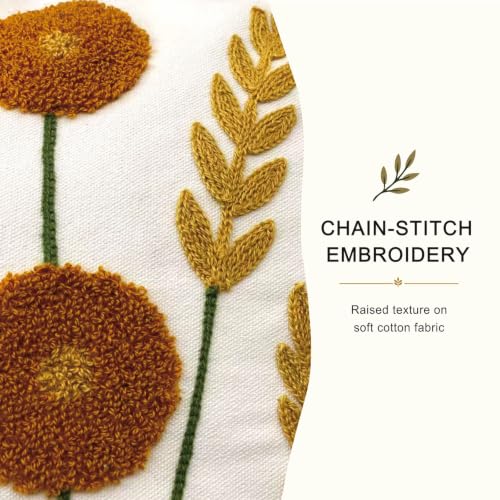 Golden Meadow Embroidered Floral Throw Pillow Cover 18x18 Inch - Pack of 1